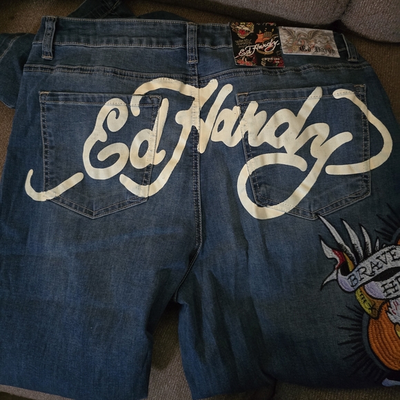 Ed Hardy Denim - Ed Hardy Blue Flare Jeans with White and Multicolor Design